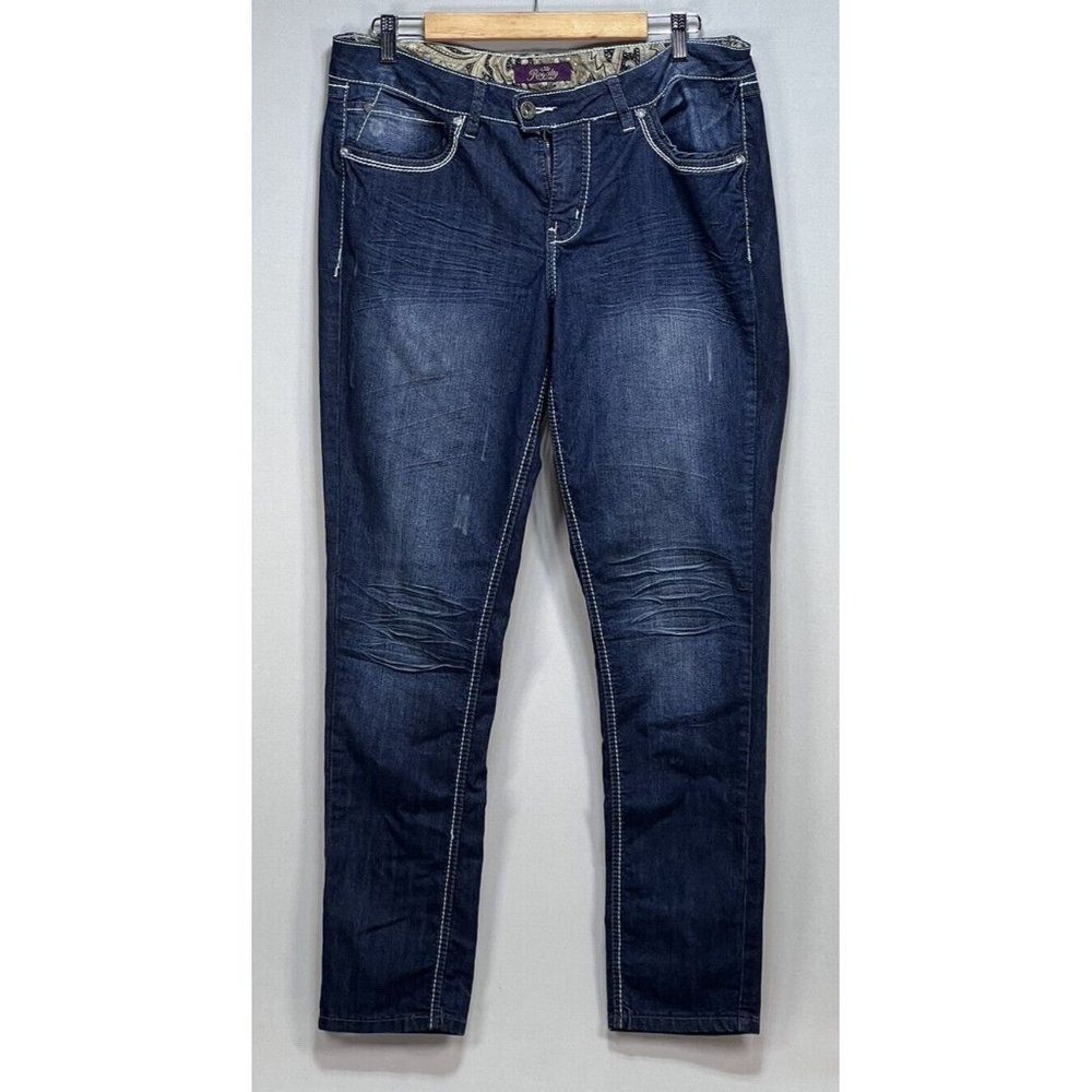 Royalty Stretch Denim Jeans Size 12 Embellished Distressed Dark Straight Cut